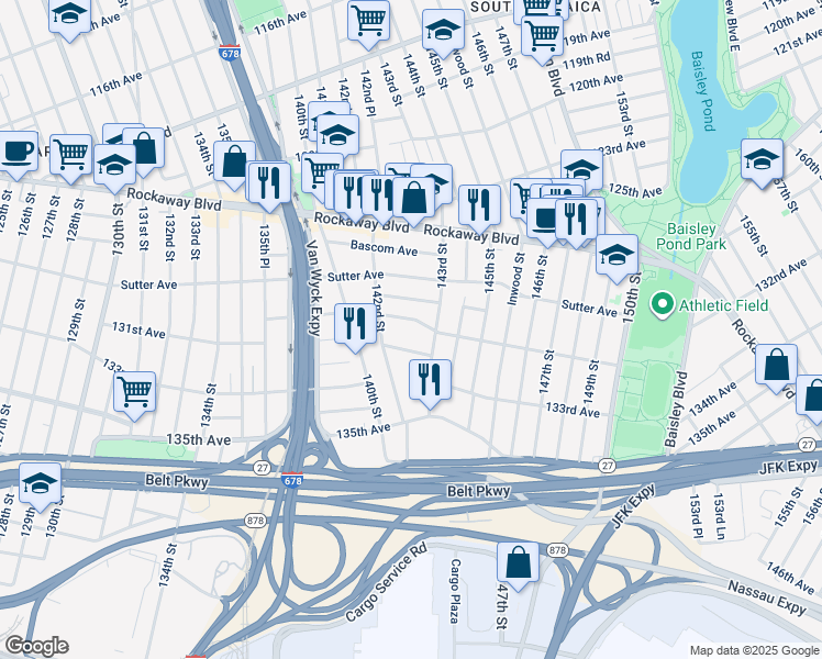 map of restaurants, bars, coffee shops, grocery stores, and more near 142-30 130th Avenue in Queens