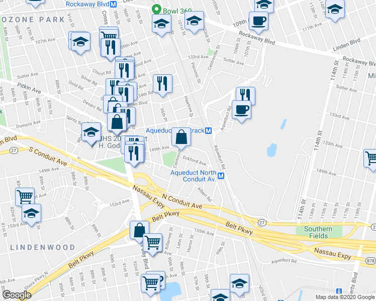 map of restaurants, bars, coffee shops, grocery stores, and more near 97-18 Bristol Avenue in Queens