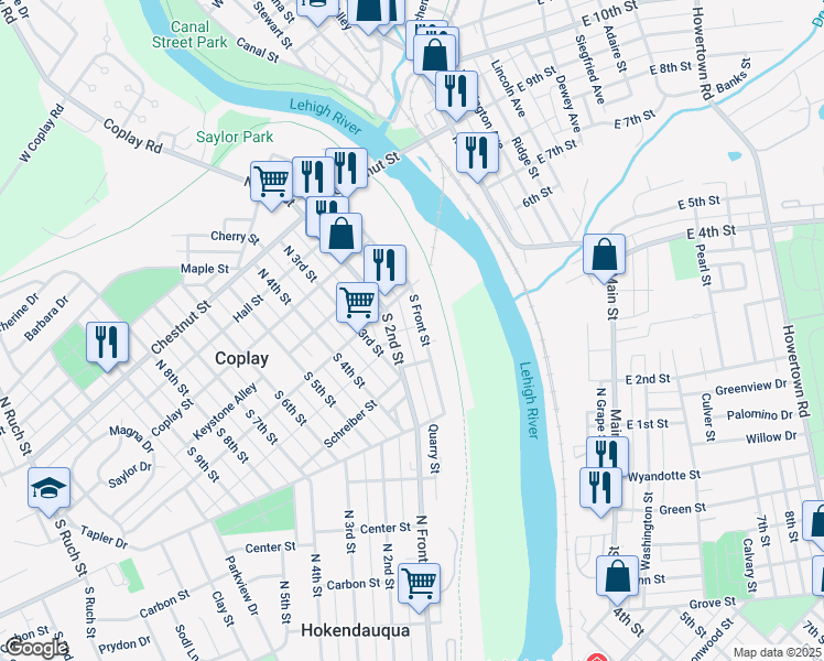 map of restaurants, bars, coffee shops, grocery stores, and more near 140 South Front Street in Coplay