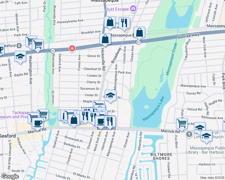 map of restaurants, bars, coffee shops, grocery stores, and more near 356 Massapequa Avenue in Massapequa