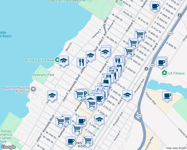 map of restaurants, bars, coffee shops, grocery stores, and more near 65 W 30th St in Bayonne