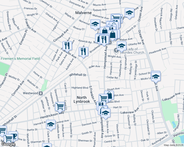 map of restaurants, bars, coffee shops, grocery stores, and more near 3 Concord Court in Malverne