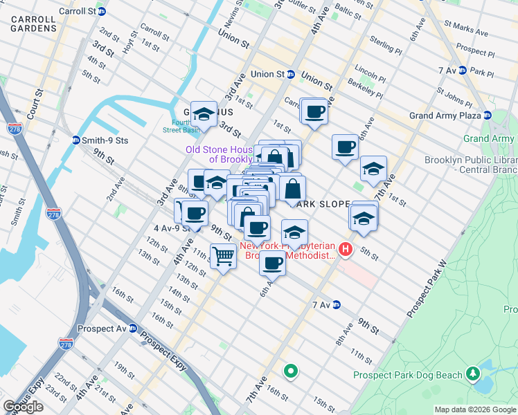 map of restaurants, bars, coffee shops, grocery stores, and more near 339 6th Street in Brooklyn