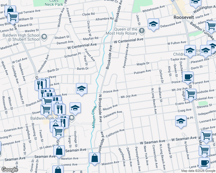 map of restaurants, bars, coffee shops, grocery stores, and more near 391 Maryland Avenue in Freeport