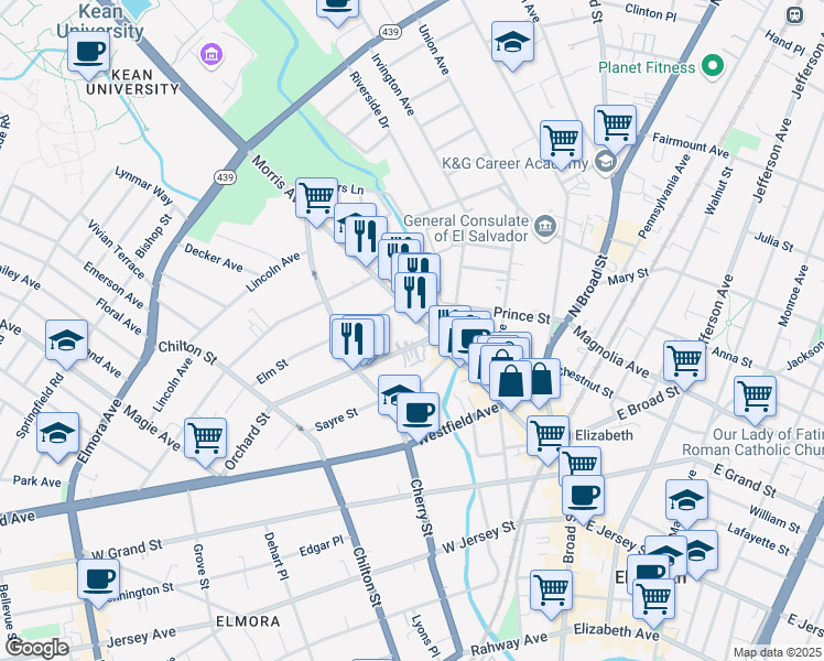 map of restaurants, bars, coffee shops, grocery stores, and more near 416 Morris Avenue in Elizabeth