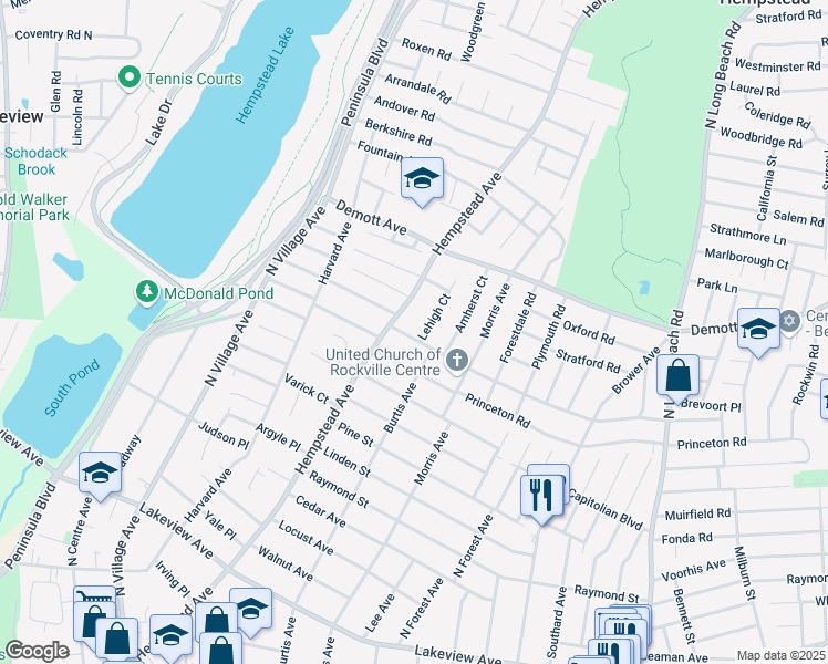 map of restaurants, bars, coffee shops, grocery stores, and more near 19 Hamilton Street in Rockville Centre