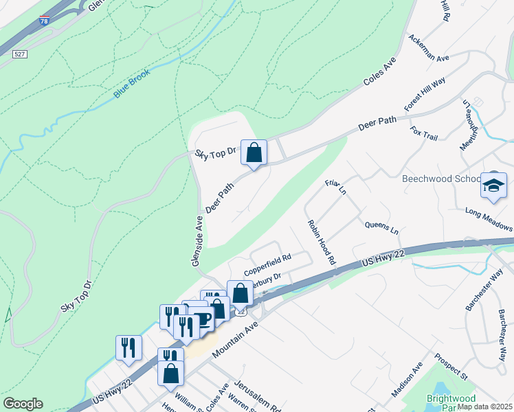 map of restaurants, bars, coffee shops, grocery stores, and more near 2660 Far View Drive in Mountainside