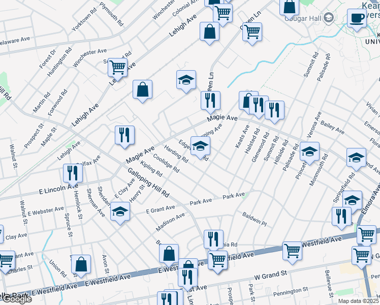 map of restaurants, bars, coffee shops, grocery stores, and more near 1050 Edgewood Road in Elizabeth