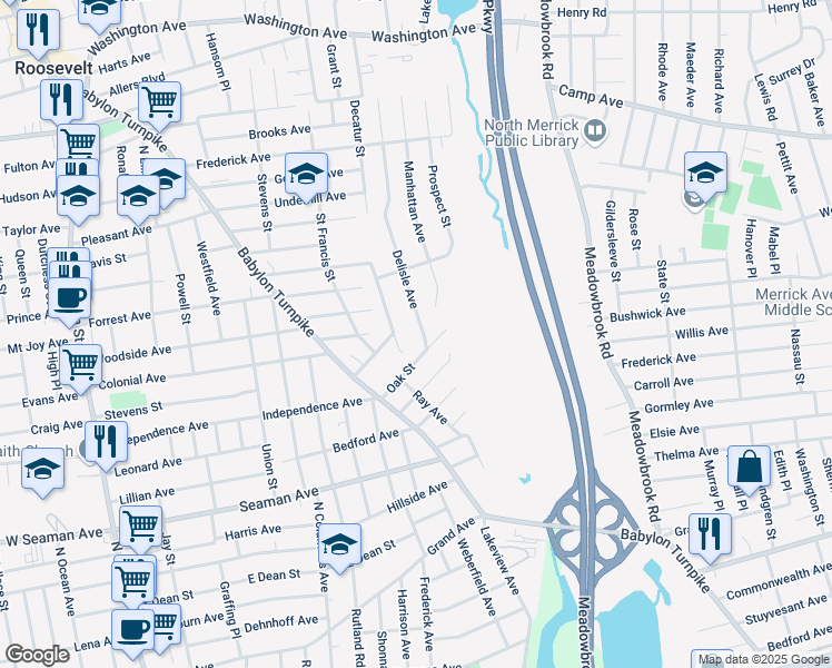 map of restaurants, bars, coffee shops, grocery stores, and more near 19 Delisle Avenue in Roosevelt