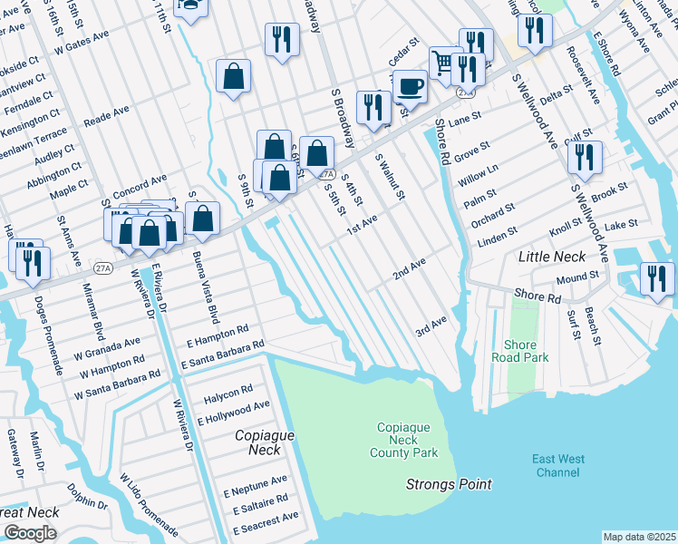map of restaurants, bars, coffee shops, grocery stores, and more near 754 South 7th Street in Lindenhurst