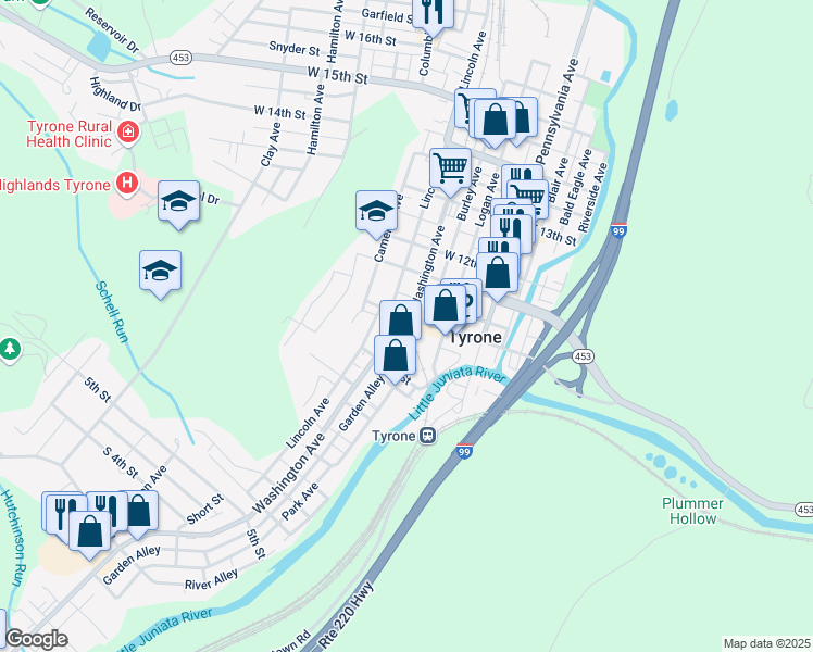 map of restaurants, bars, coffee shops, grocery stores, and more near 958 Washington Avenue in Tyrone