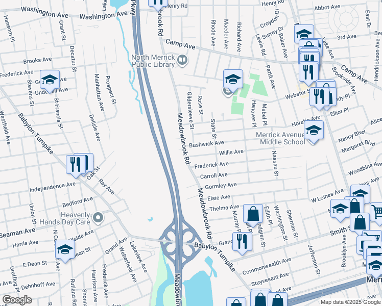 map of restaurants, bars, coffee shops, grocery stores, and more near 1695 Willis Avenue in Merrick