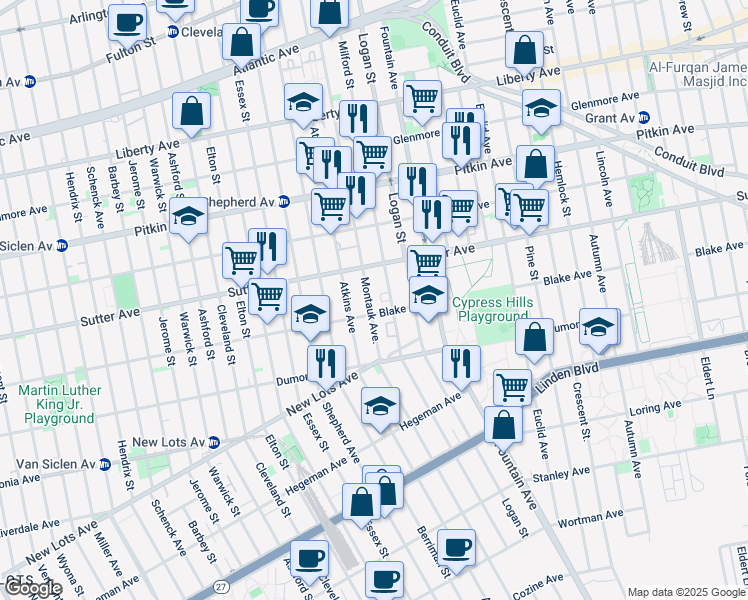map of restaurants, bars, coffee shops, grocery stores, and more near 332 Milford Street in Brooklyn