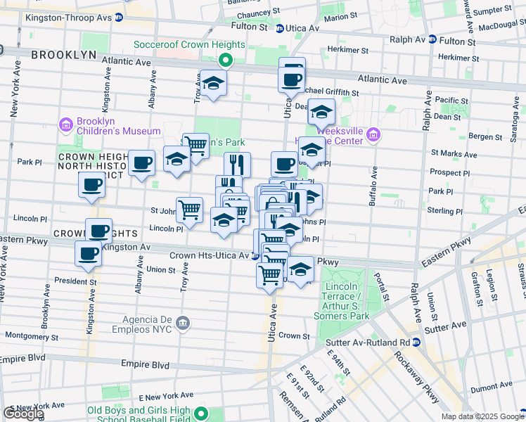 map of restaurants, bars, coffee shops, grocery stores, and more near 1399 Saint Johns Place in Brooklyn