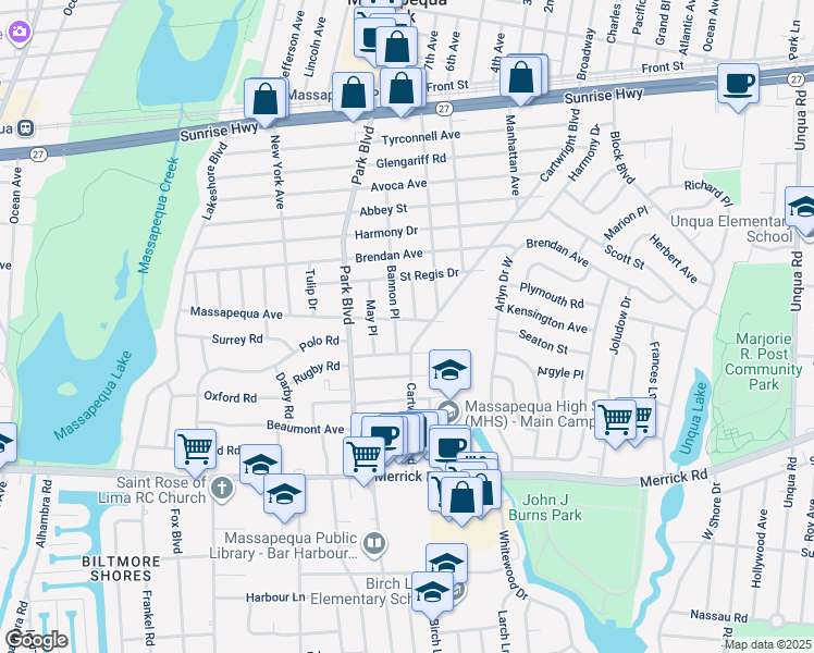 map of restaurants, bars, coffee shops, grocery stores, and more near 164 Massapequa Avenue in Massapequa Park