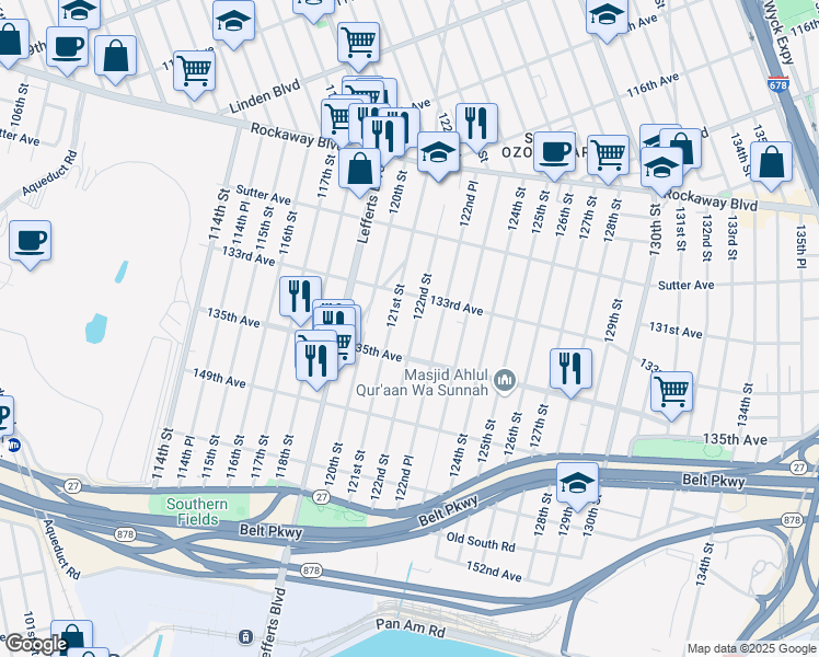 map of restaurants, bars, coffee shops, grocery stores, and more near 133-32 122nd Street in Queens