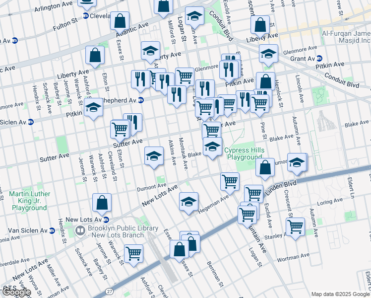 map of restaurants, bars, coffee shops, grocery stores, and more near 313 Montauk Avenue in Brooklyn