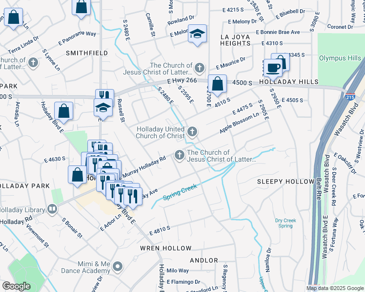 map of restaurants, bars, coffee shops, grocery stores, and more near 2611 East Murray Holladay Road in Salt Lake City
