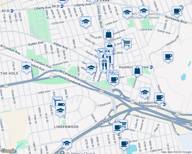 map of restaurants, bars, coffee shops, grocery stores, and more near 138-11 Lafayette Street in Queens