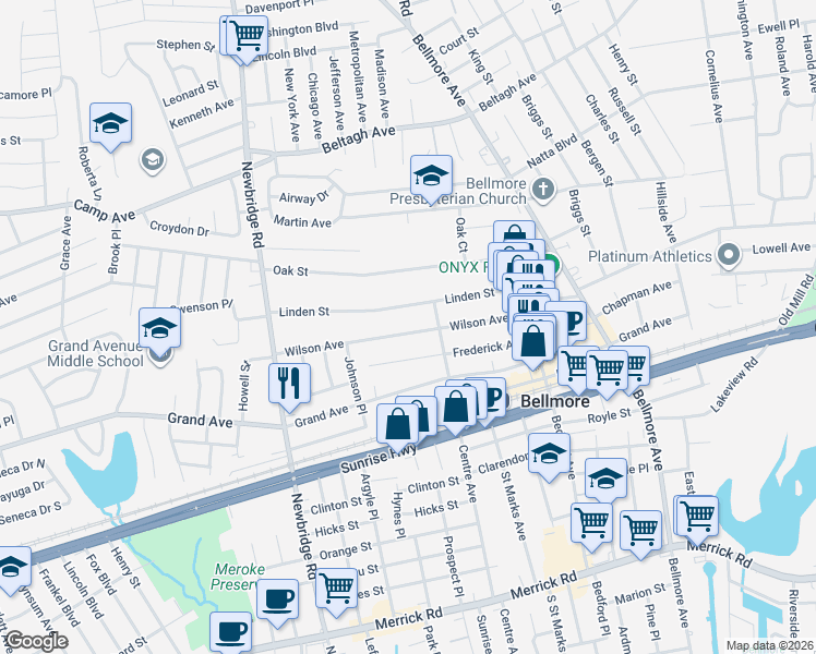 map of restaurants, bars, coffee shops, grocery stores, and more near 2573 Wilson Avenue in Bellmore