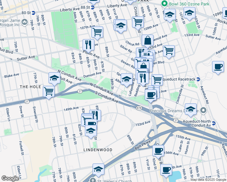 map of restaurants, bars, coffee shops, grocery stores, and more near 88-01 North Conduit Avenue in Queens