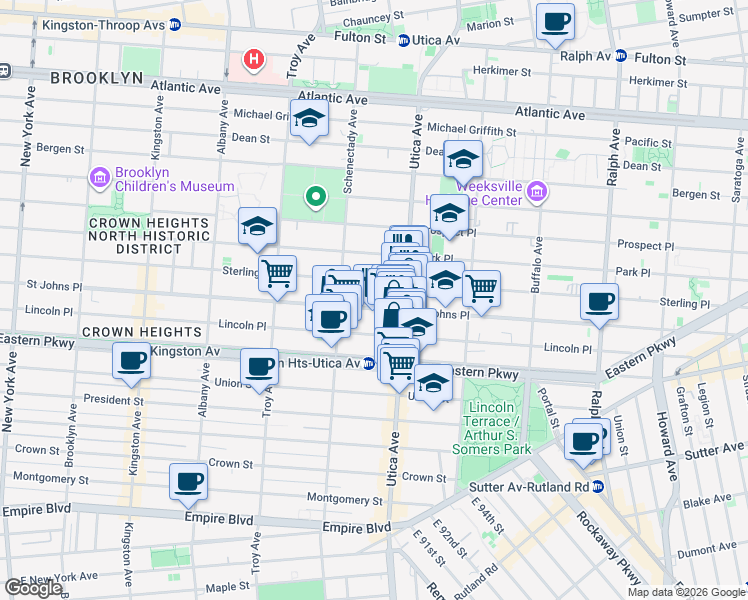 map of restaurants, bars, coffee shops, grocery stores, and more near 1389 Saint Johns Place in Brooklyn