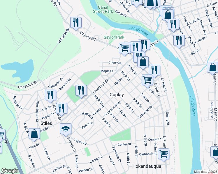 map of restaurants, bars, coffee shops, grocery stores, and more near 34 North 6th Street in Coplay