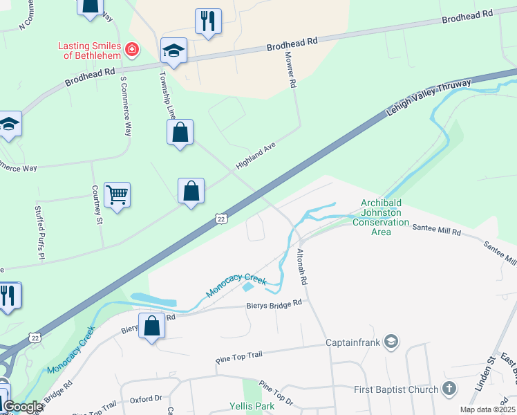 map of restaurants, bars, coffee shops, grocery stores, and more near 3693 Cottage Drive in Bethlehem
