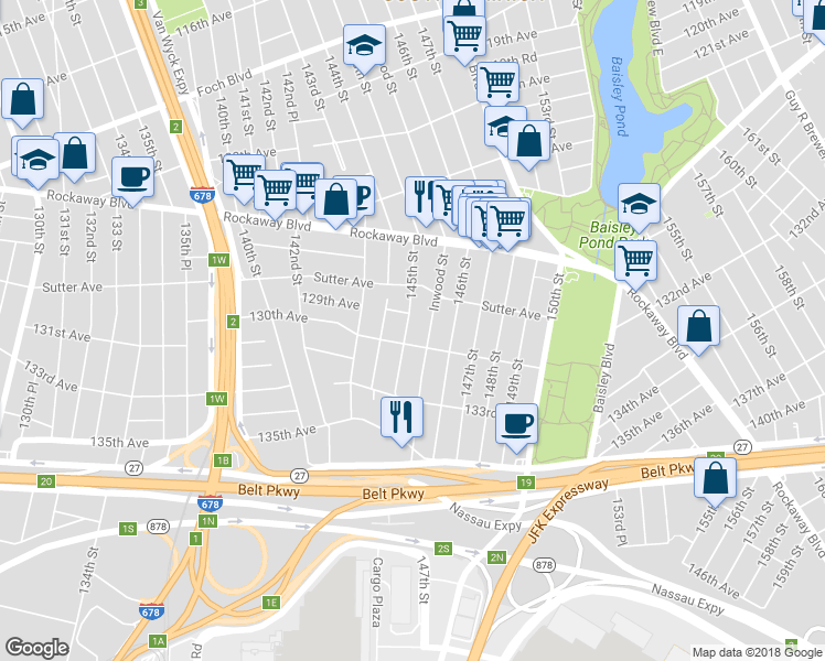 map of restaurants, bars, coffee shops, grocery stores, and more near 129-23 145th Street in Queens
