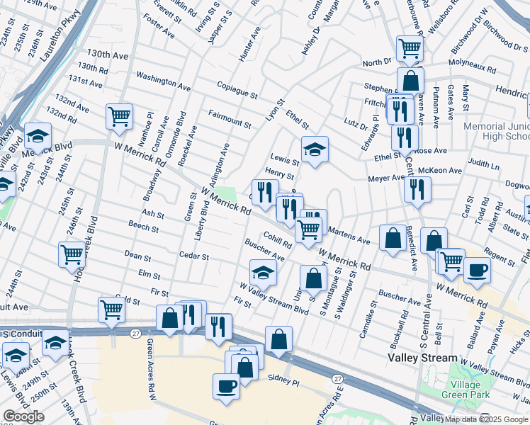 map of restaurants, bars, coffee shops, grocery stores, and more near 120 Casper Street in Valley Stream