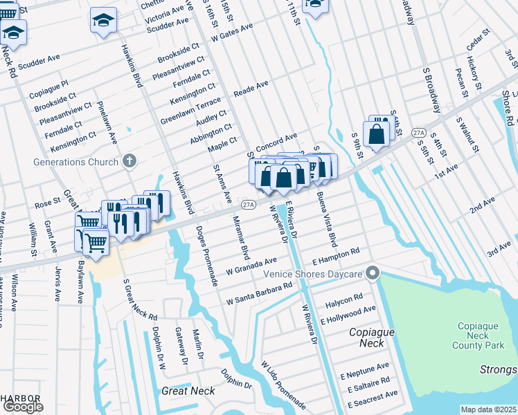map of restaurants, bars, coffee shops, grocery stores, and more near 1388 West Montauk Highway in Copiague