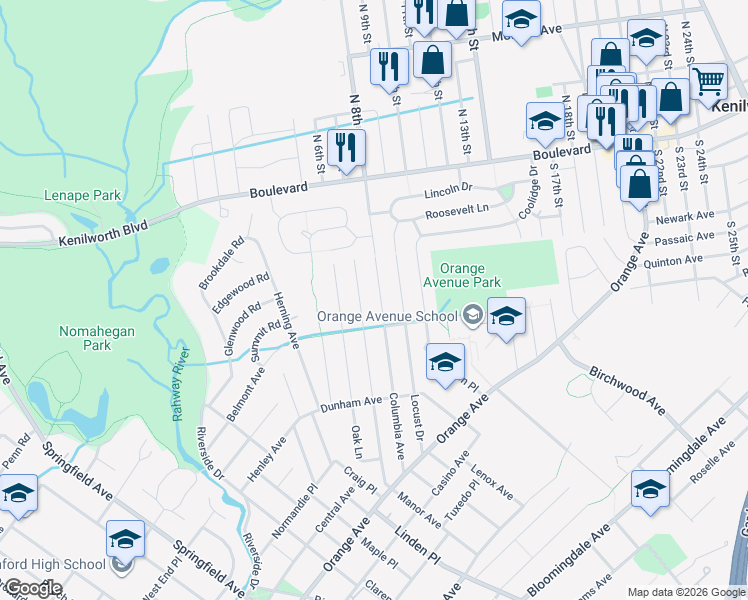 map of restaurants, bars, coffee shops, grocery stores, and more near 211 Columbia Avenue in Cranford