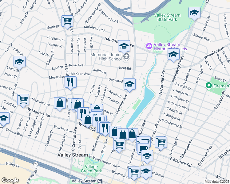 map of restaurants, bars, coffee shops, grocery stores, and more near 31 Austin Street in Valley Stream