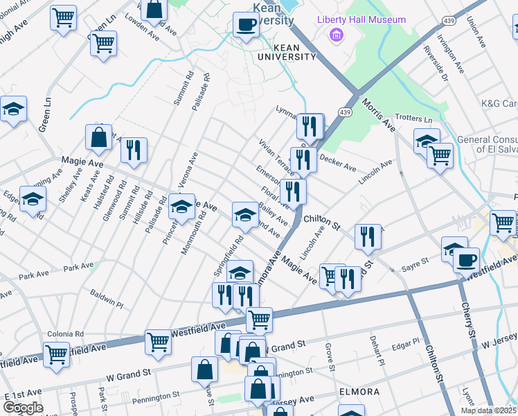 map of restaurants, bars, coffee shops, grocery stores, and more near 332 Springfield Road in Union