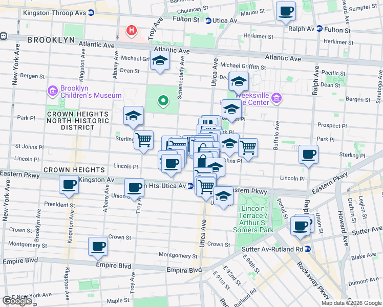 map of restaurants, bars, coffee shops, grocery stores, and more near 1399 Saint Johns Place in Brooklyn