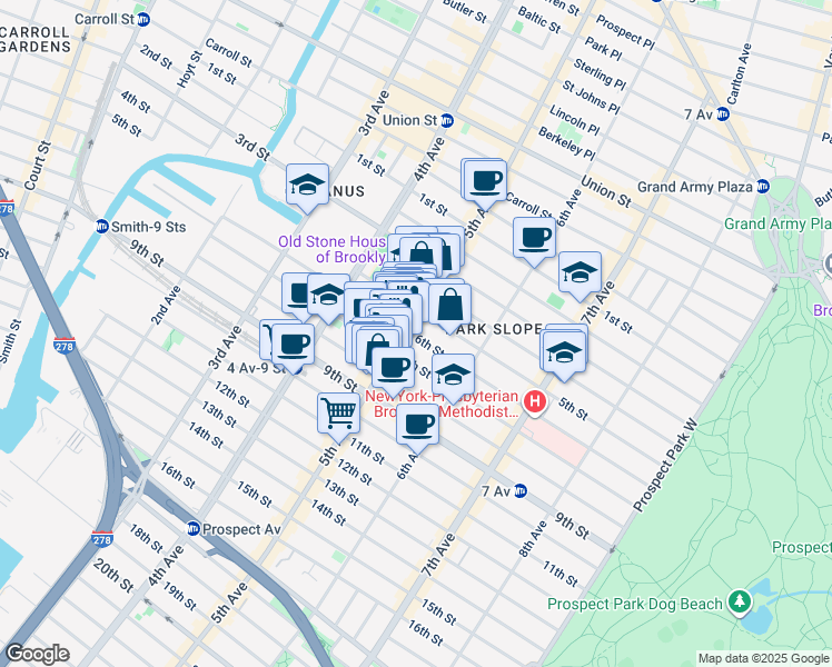 map of restaurants, bars, coffee shops, grocery stores, and more near 339 6th Street in Brooklyn
