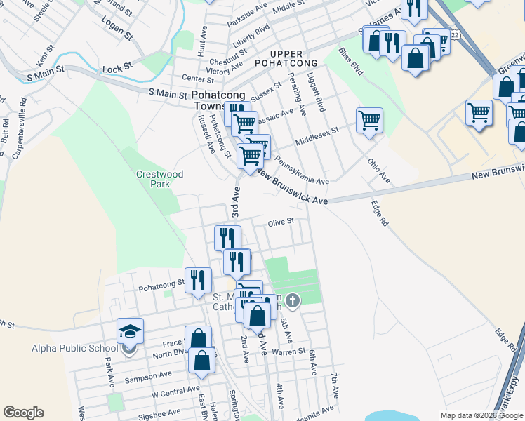 map of restaurants, bars, coffee shops, grocery stores, and more near 540 Williams Street in Phillipsburg