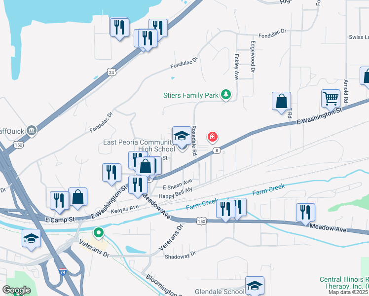 map of restaurants, bars, coffee shops, grocery stores, and more near 1401 East Washington Street in East Peoria