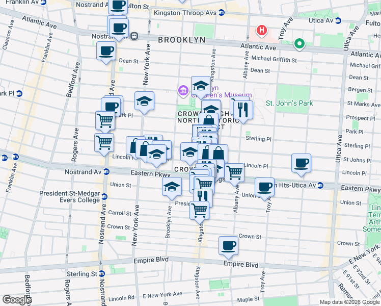 map of restaurants, bars, coffee shops, grocery stores, and more near 1040 Saint Johns Place in Brooklyn