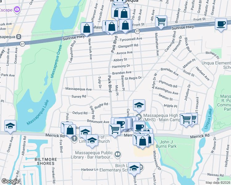 map of restaurants, bars, coffee shops, grocery stores, and more near 180 May Place in Massapequa Park