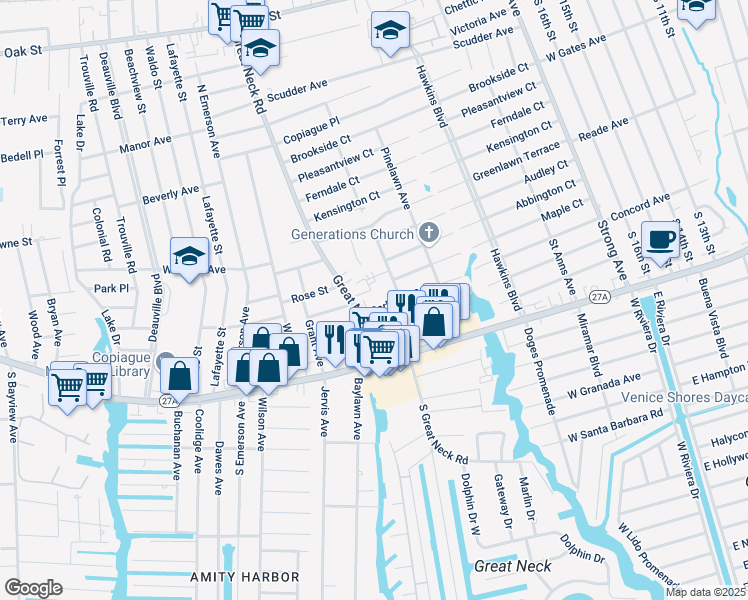 map of restaurants, bars, coffee shops, grocery stores, and more near 31 Parkside Court in Copiague