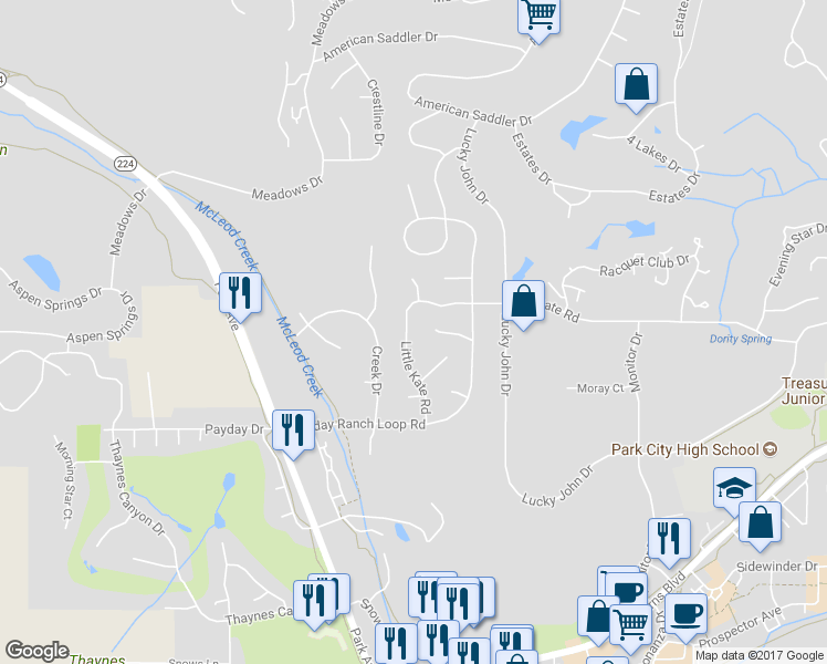 map of restaurants, bars, coffee shops, grocery stores, and more near 2570 Little Kate Road in Park City