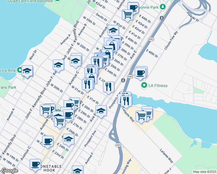 map of restaurants, bars, coffee shops, grocery stores, and more near 510 Avenue E in Bayonne