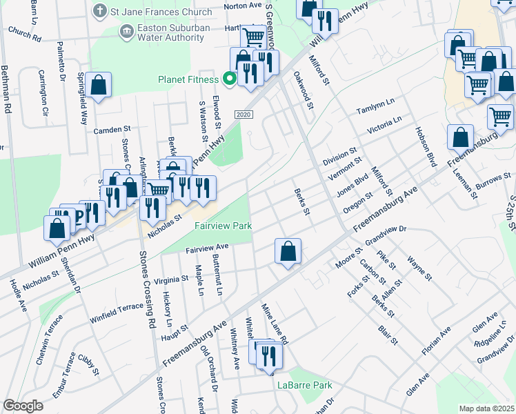 map of restaurants, bars, coffee shops, grocery stores, and more near 3409 Vermont Street in Easton