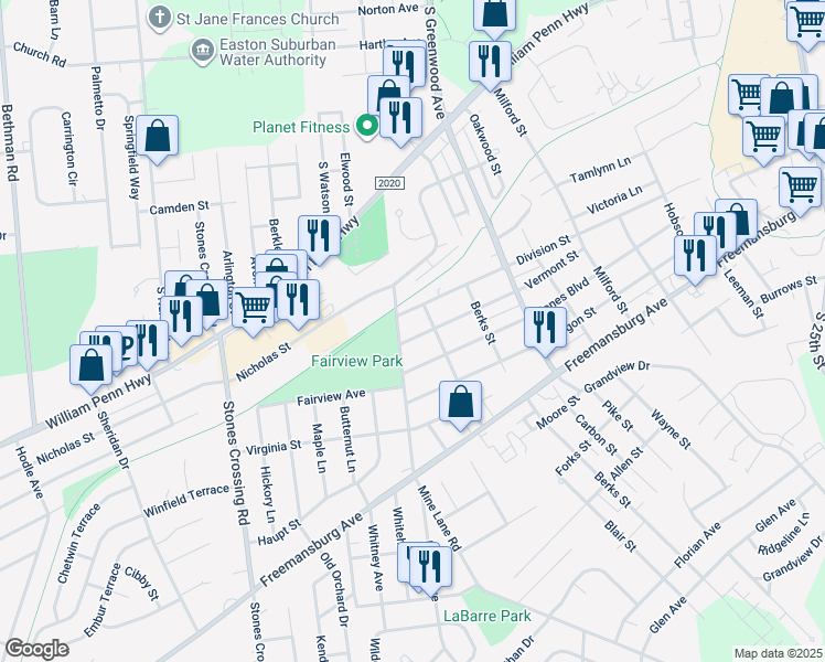 map of restaurants, bars, coffee shops, grocery stores, and more near 3409 Vermont Street in Easton