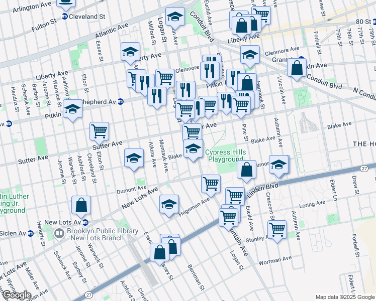 map of restaurants, bars, coffee shops, grocery stores, and more near 615 Logan Street in Brooklyn