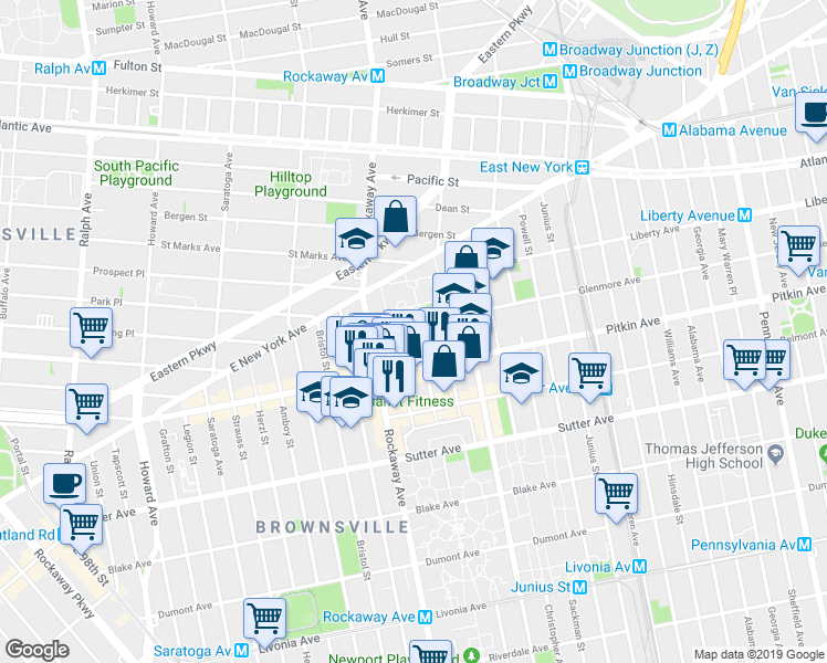 map of restaurants, bars, coffee shops, grocery stores, and more near 40 Glenmore Avenue in Brooklyn