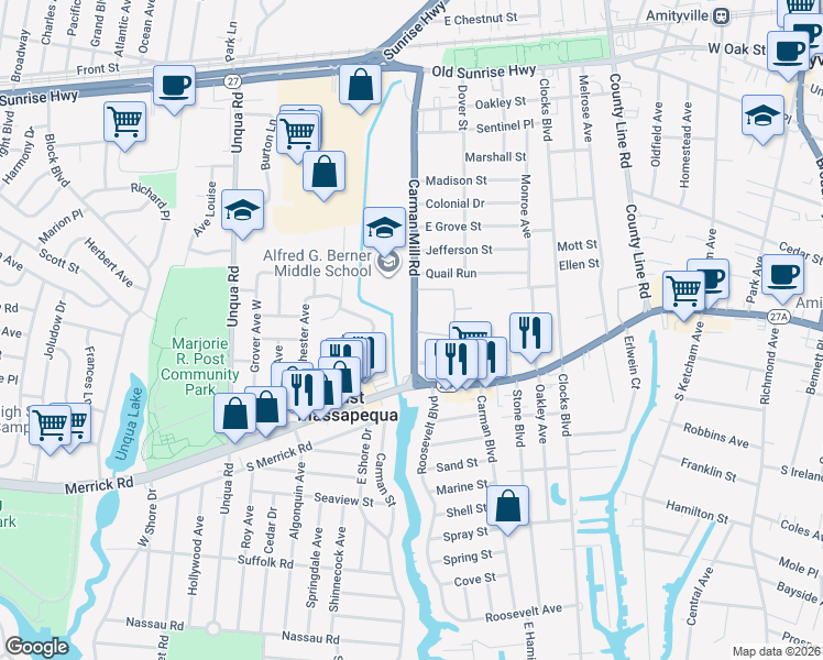 map of restaurants, bars, coffee shops, grocery stores, and more near 16 Carman Mill Road in Massapequa