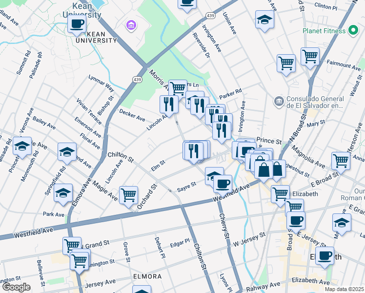 map of restaurants, bars, coffee shops, grocery stores, and more near 440 Cherry St in Elizabeth