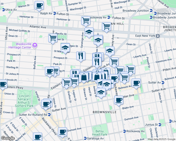 map of restaurants, bars, coffee shops, grocery stores, and more near 1582 Eastern Parkway in Brooklyn
